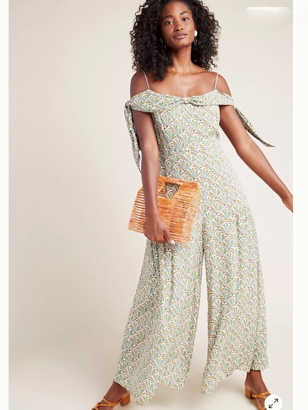 Anthropologie Amelie Off Shoulder Wide Leg Jumpsuit with Green Palm Leaves Print